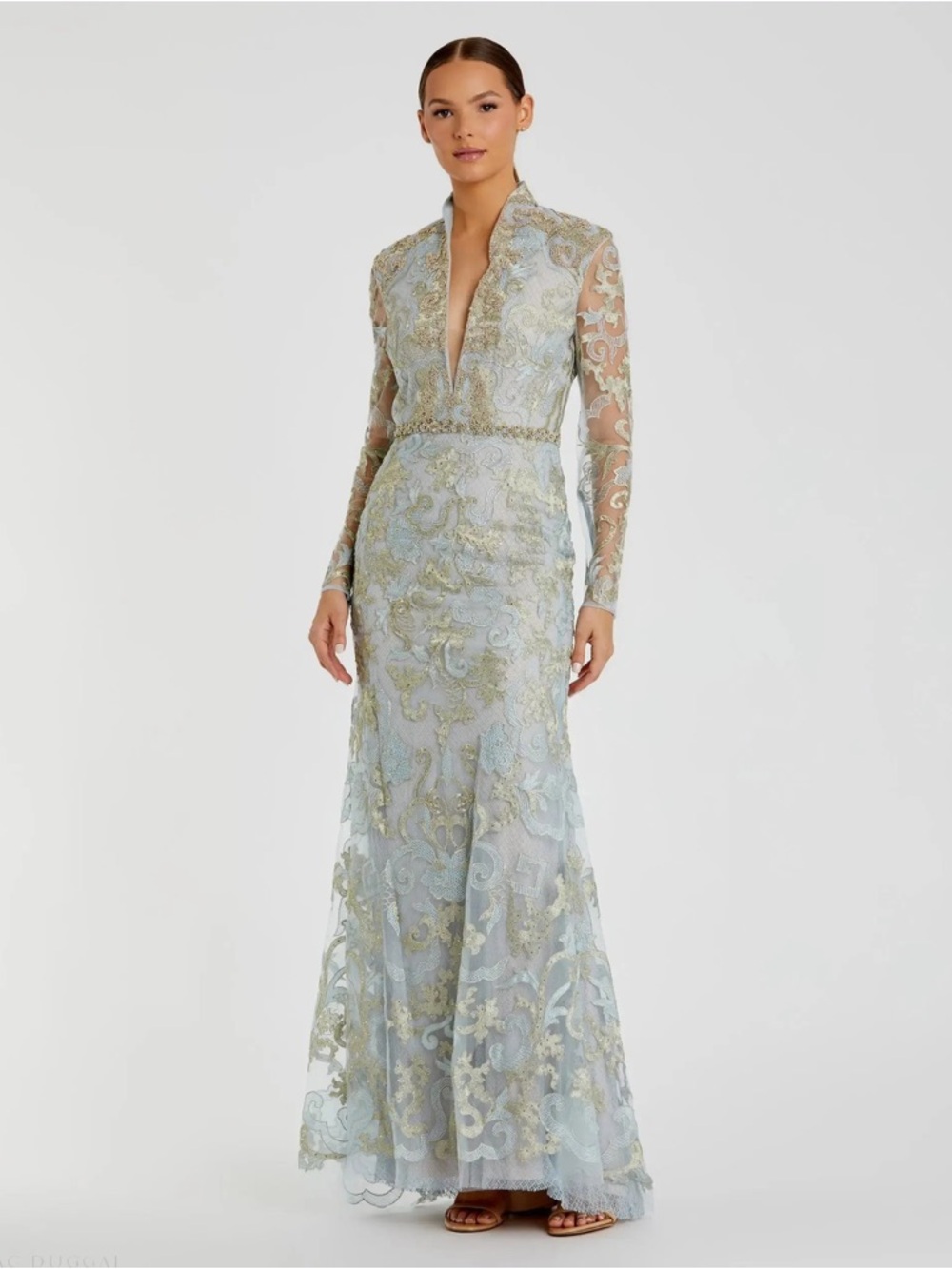 Mac Duggal 11165 Blue Queen Anne Lace Long Sleeve V-Neck Trumpet Gown Sz 10 NWOT